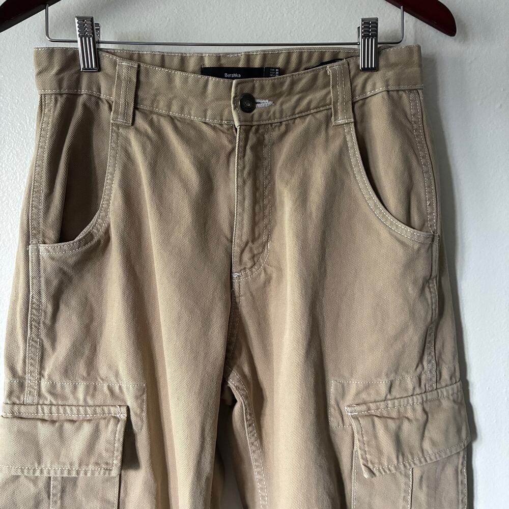 Bershka Mens Khaki Tan Wide Leg Cargo Utility Pants Size USA 30 Beige